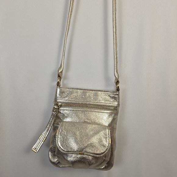 ✨ B. Makowski Champagne Gold Leather Crossbody 🥂 Metallic Boho Chic Bag ✨ - Picture 3 of 16